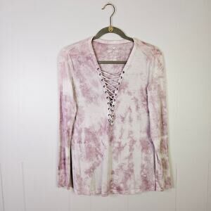 American Eagle Soft Sexy Tie Dye Long Sleeve Top Deep V Neck Lace Size Medium